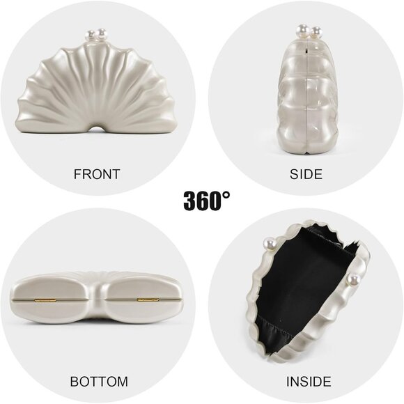 Pearl White Acrylic Shell Evening Purse with Detachable Chain - 8.8" x 2.4" - Picture 6 of 7